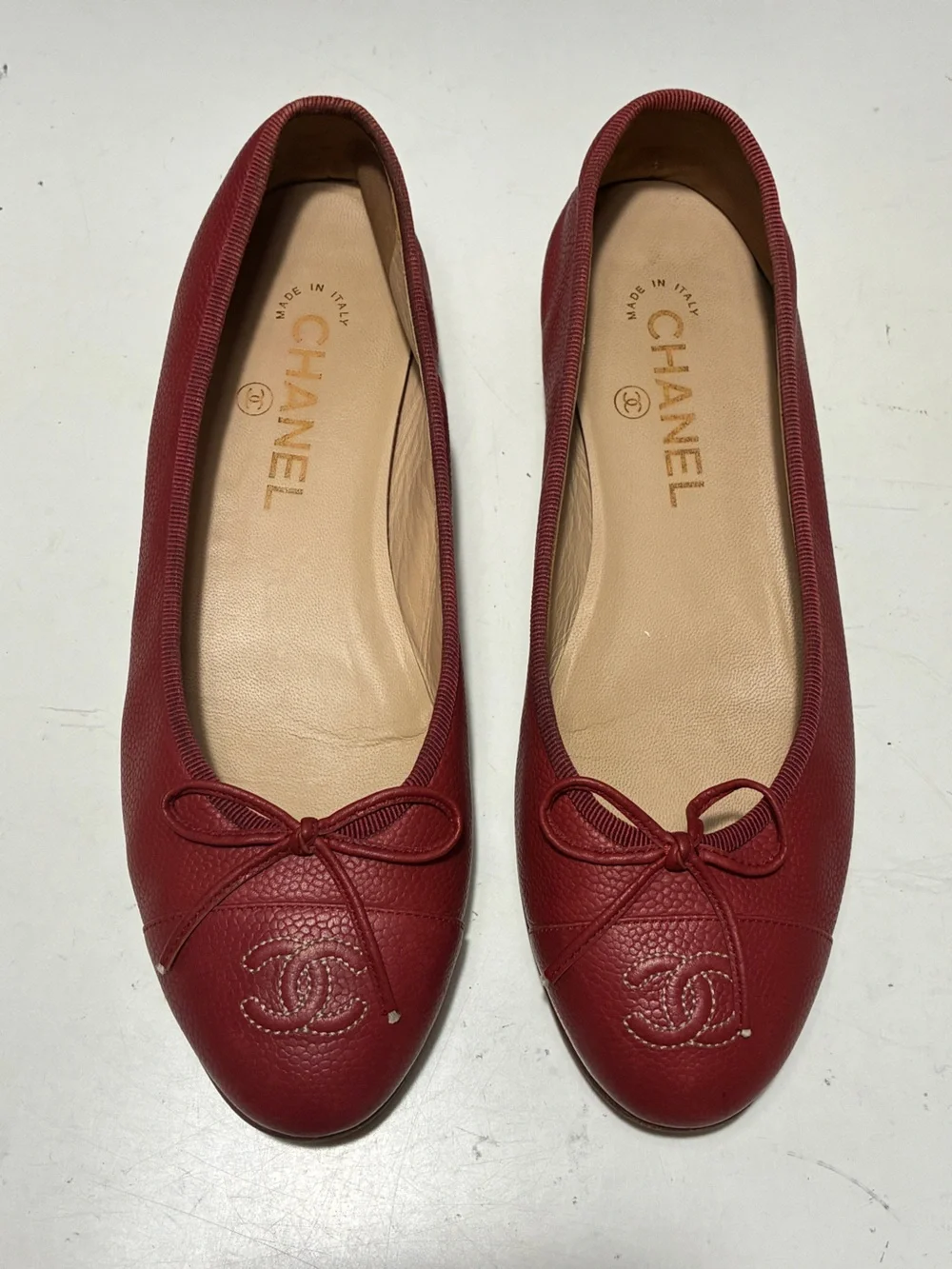 CHANEL Red caviar Leather Ballet Flats with Bow Detail
